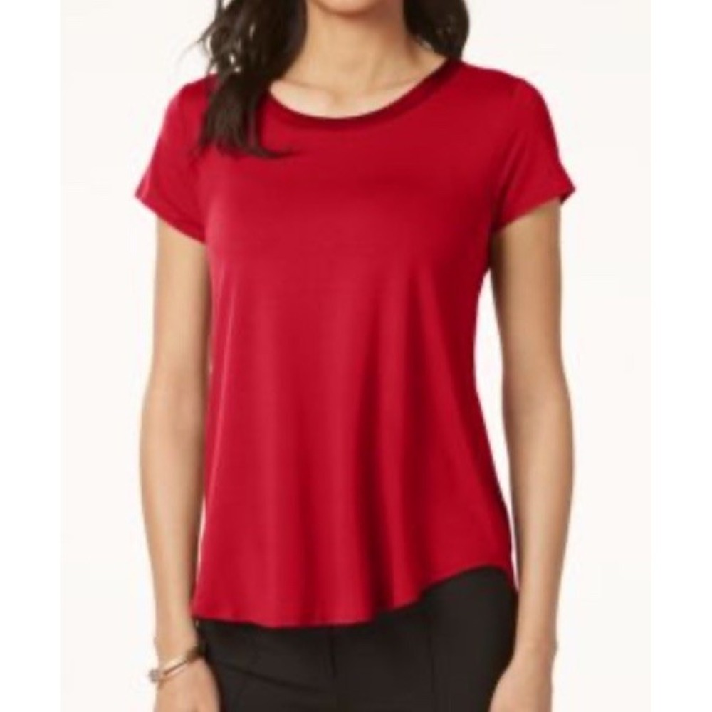 ALFANI Satin Trim High-Low T-Shirt Burnt Sienna Small Cap Sleeve Soft Stretchy